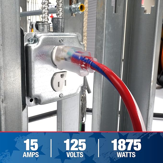 Southwire Heavy Duty Extension Cord, 50Ft, 12 Gauge, 3 Conductor, Outdoor Cord, Lighted End, SJTW, Red/White/Blue, 2548SWUSA1