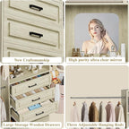 Unikito 48" W - 96” W Closet System with Mirror, 8FT Walk in Closet Organizer Kits with Drawers and 3 Extendable Hanging Rod, Sturdy Wood Garment Rack with 25” Tower, Max Load 1000 LBS, White Oak