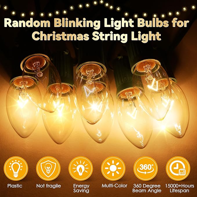 25 Pack Twinkle Christmas Replacement Bulbs, 7W Random Blinking Light Bulbs for Christmas String Light, Nightlights(Clear Twinkle,C7,E12 Intermediate Base)