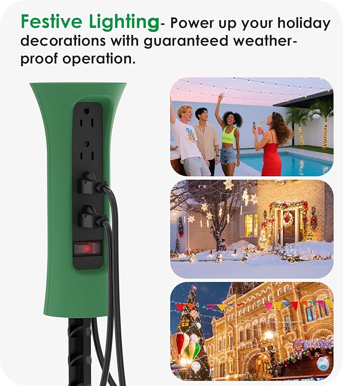 CCCEI Outdoor Power Strip Weatherproof with Stake, Waterproof Extension Cord with Multiple Outlets, Christmas Exterior Garden Decor, Yard, Camping, 4 Plugs, Surge Protector 10FT, Green.