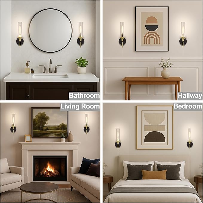 Black and Gold Bathroom Light Fixtures Over Mirror, Wall Sconces Set of 2 with Knurled Texture, Modern Industrial Vanity Lights with Clear Glass Tube Shade, Matte Black and Gold Wall Lamps for Bedroom