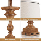 WIHTU Wood Grain Color Table Lamps, 28'' Resin Desk Lamp for Bedroom, Nightstand Lamps Set of 2, Farmhouse Bedside Lamps with Linen Shades, Rocker Switch, Table Lamps with USB A+C Port, Bulb Included