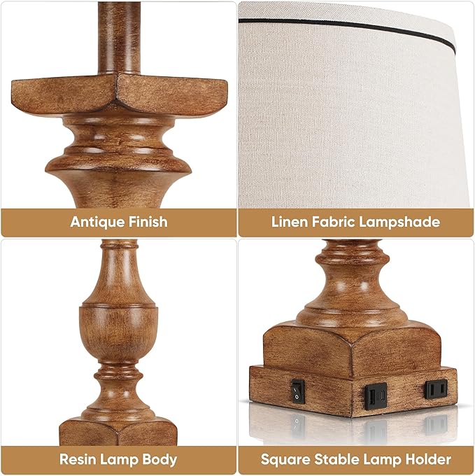 WIHTU Wood Grain Color Table Lamps, 28'' Resin Desk Lamp for Bedroom, Nightstand Lamps Set of 2, Farmhouse Bedside Lamps with Linen Shades, Rocker Switch, Table Lamps with USB A+C Port, Bulb Included