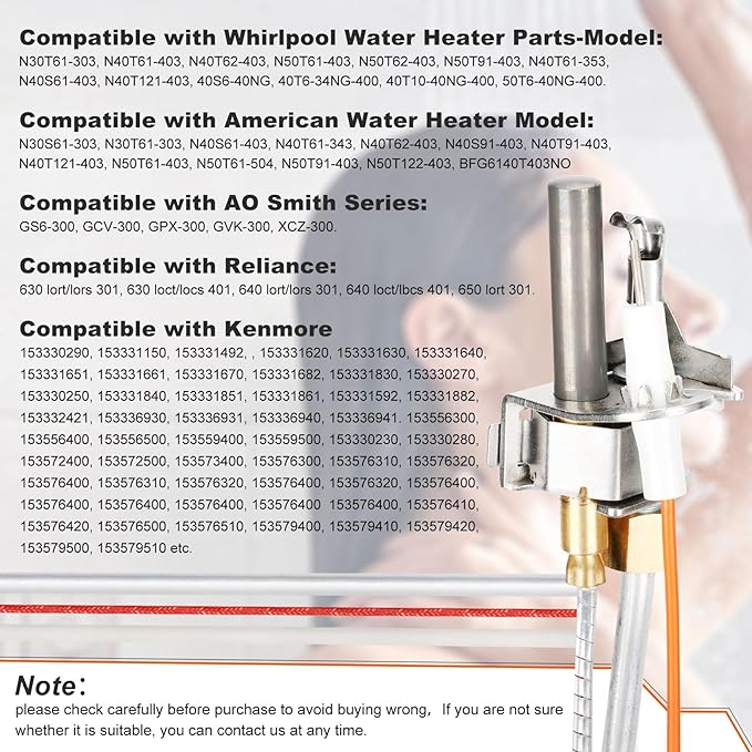 Upgrade 100112330 Water Heater Pilot Assembly, Replace 9007876 Thermopile, Compatible with 300 301 Series Whirlpool Water Heater Parts & A.O.Smith, American, State, Kenmore, Reliance