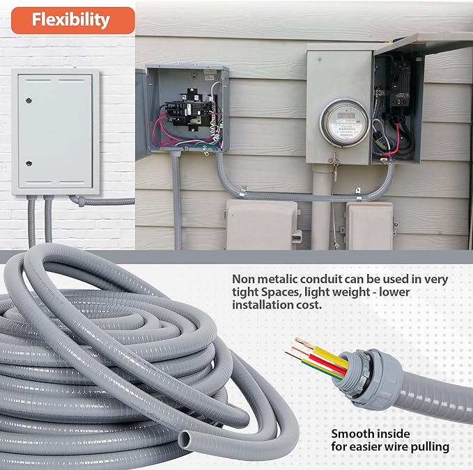 Liquid-Tight Conduit 3/4 50ft, Electrical Conduit w/UL Certification, Flexible Conduit with 5 Straight and 5 90-Degree Conduit Connector Fittings