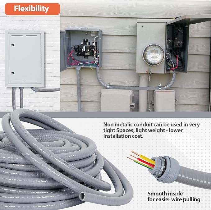 Liquid-Tight Conduit 3/4 150ft, Electrical Conduit w/UL Certification, Flexible Conduit with 5 Straight and 5 90-Degree Conduit Connector Fittings Gray