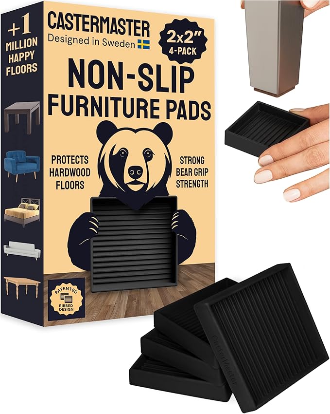 CasterMaster Anti Slip Furniture Pads & Caster Cups - 2" x 2" Black (Pack of 4) - Couch Leg Floor Protectors for Hardwood, Tile & Vinyl Floors - Rubber Feet & Floor Protectors for Chairs