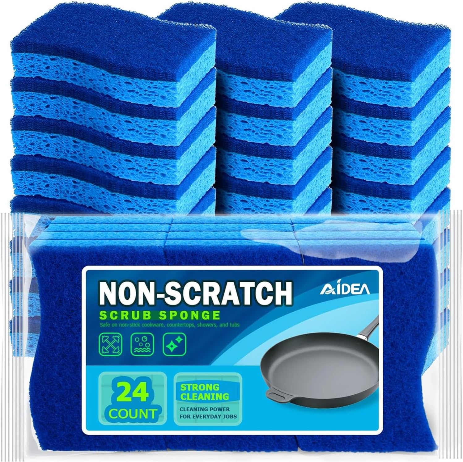 AIDEA Non Scratch Scrub Sponge, 24Count, Sponges for Dishes, Sponges Kitchen, Cleaning Sponge, Cleans Fast Without Scratching, Stands Up to Stuck-on Grime, Cleaning Power for Everyday Jobs