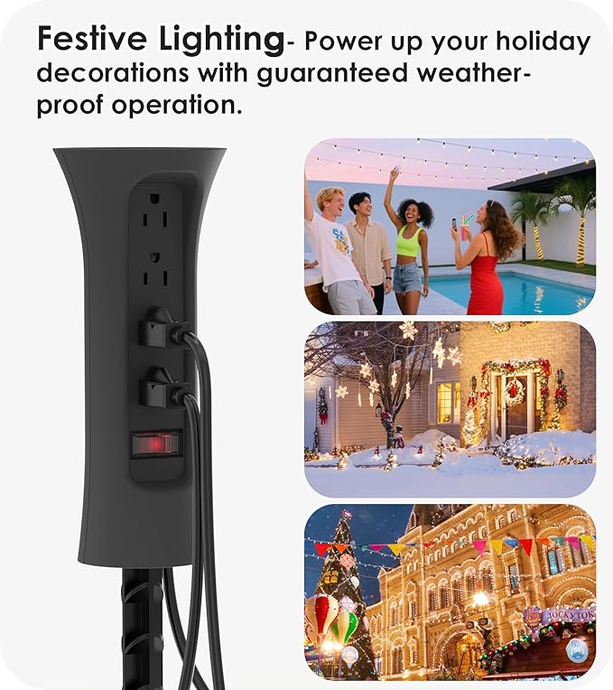 CCCEI Outdoor Power Strip Weatherproof with Stake, Waterproof Extension Cord with Multiple Outlets, Christmas Exterior Garden Decor, Yard, Camping, 4 Plugs, Surge Protector 6FT, Black.