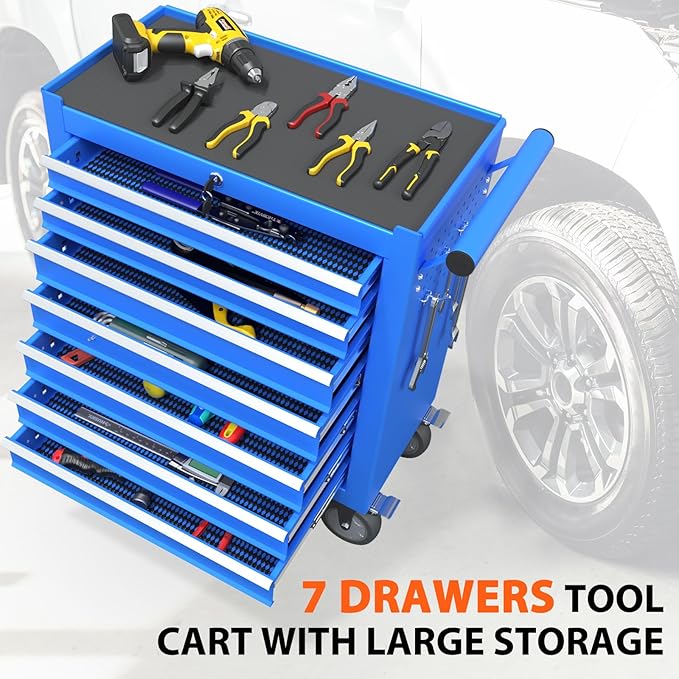 7-Drawer Rolling Tool Chest, Tool Box with 4 Wheels and Drawers, High Capacity Detachable Mobile Tool Storage Cabinet for Garage, Workshop, Mechanics and Repair Room (Blue)
