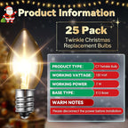 25 Pack Twinkle Christmas Replacement Bulbs, 7W Random Blinking Light Bulbs for Christmas String Light, Nightlights(Clear Twinkle,C7,E12 Intermediate Base)