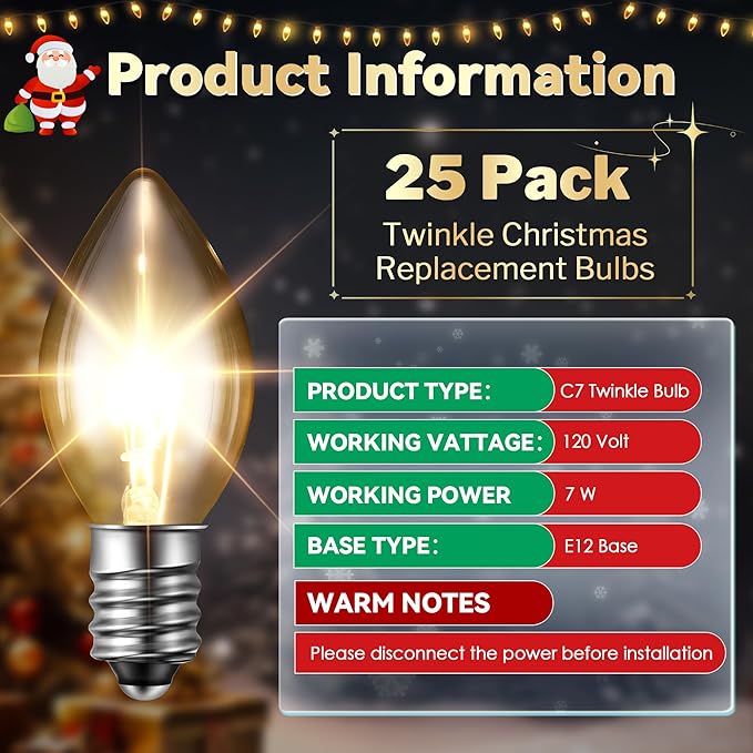 25 Pack Twinkle Christmas Replacement Bulbs, 7W Random Blinking Light Bulbs for Christmas String Light, Nightlights(Clear Twinkle,C7,E12 Intermediate Base)
