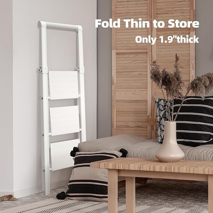 HillhutApex 3 Step Foldable Aluminum Step Ladder with Handgrip, Anti-Slip Pedal, 330 lbs Capacity, Lightweight & Portable for Home, Kitchen, Office, Garage (White)