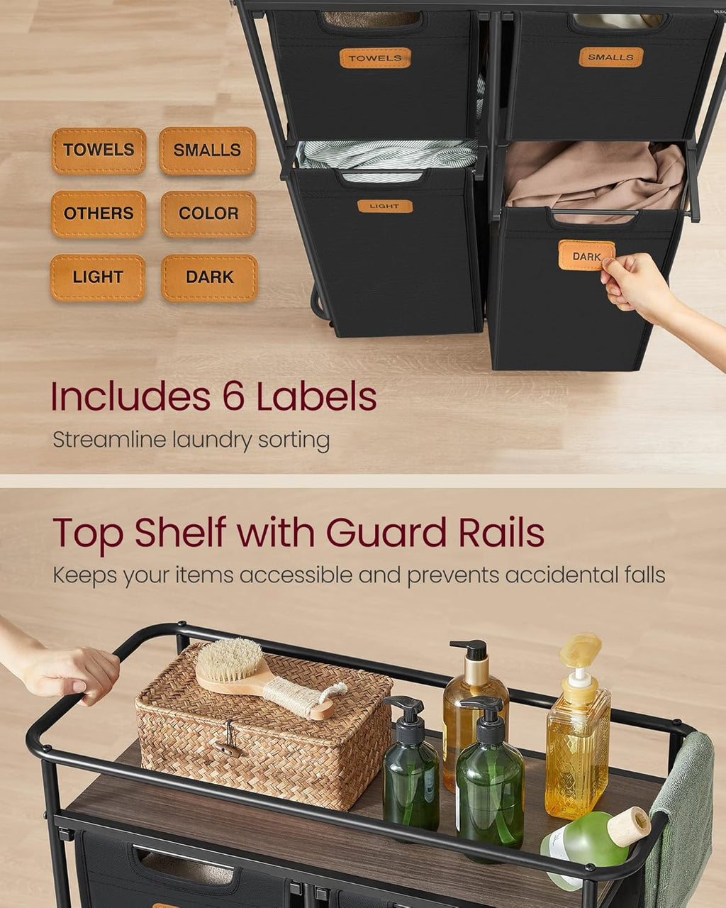 VASAGLE Laundry Sorter, Laundry Hamper with Wheels, 39.6 Gal. (150 L) Portable Rolling Cart Baskets with Shelf, 4 Removable Liners and 6 Labels, Ink Black and Chestnut Brown URLS100B01
