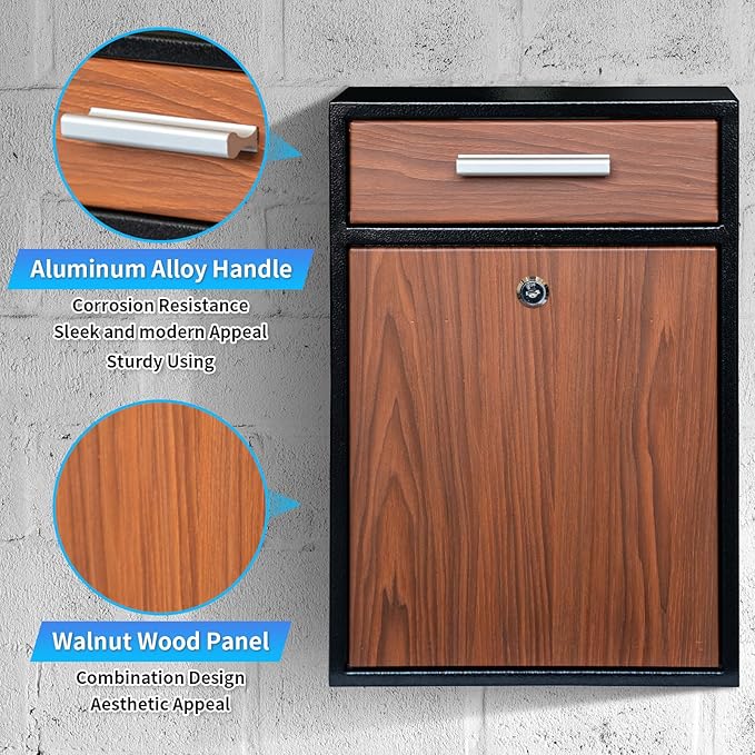 Locking Wall-Mount Mailbox, Wood Vintage Metal Mailboxes for Outside, Security Drop Box with Lock, Large Capacity Mounted Mailbox, Heavy Duty Thickened Mailbox