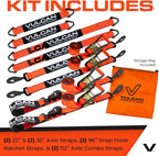 VULCAN Ultimate Axle Tie Down Kit - Heavy Duty ProSeries Webbing - Includes (2) 22 Inch and (2) 36 Inch Axle Straps, (2) 96 Inch Snap Hook Ratchet Strap, and (2) 112 Inch Loop Tie Down Combinations