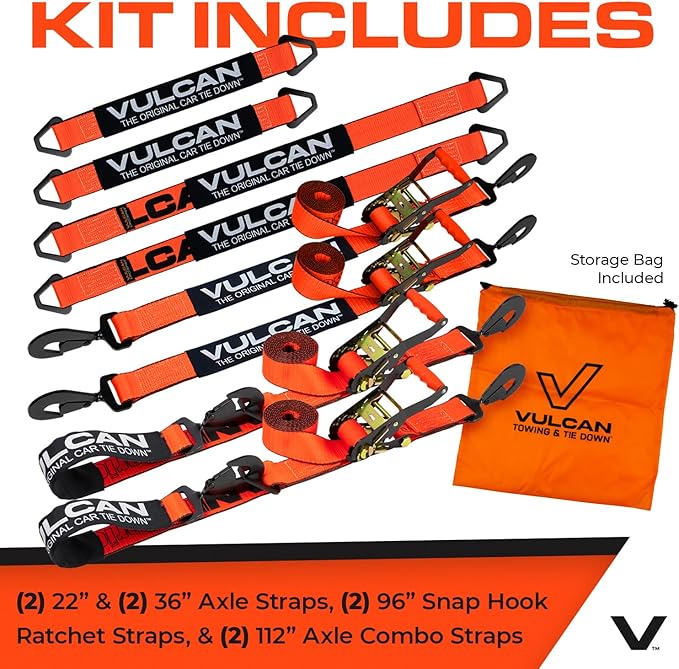 VULCAN Ultimate Axle Tie Down Kit - Heavy Duty ProSeries Webbing - Includes (2) 22 Inch and (2) 36 Inch Axle Straps, (2) 96 Inch Snap Hook Ratchet Strap, and (2) 112 Inch Loop Tie Down Combinations