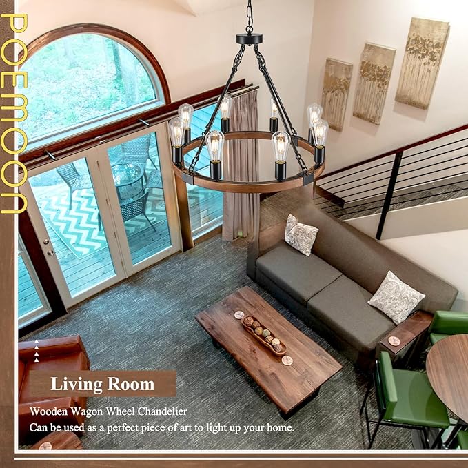 Farmhouse Wooden Wagon Wheel Chandelier 8 Lights 23.6'' Rustic Black Metal Light Fixtures Vintage Wood Round Chandelier for Living Dining Room Kitchen Entryway Foyer