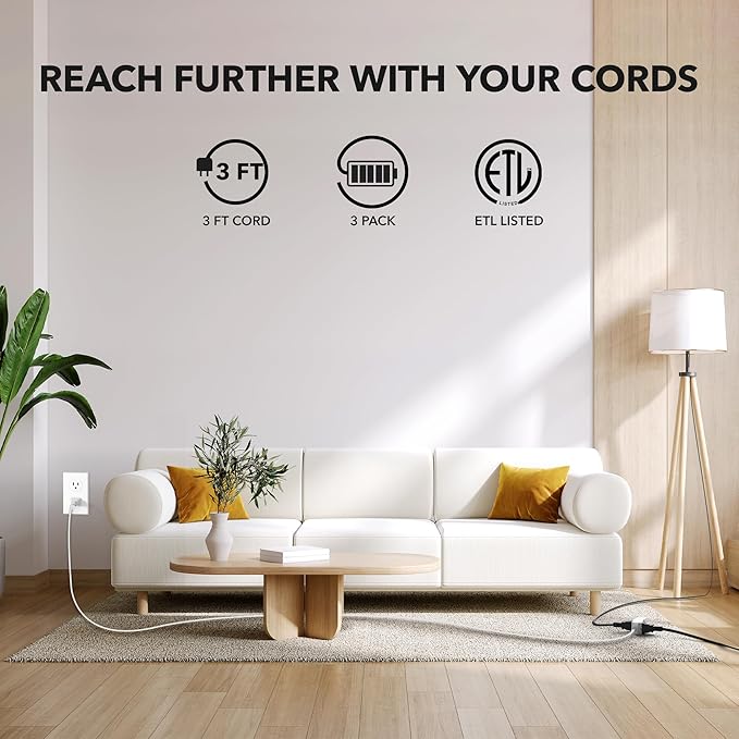 HBN 3-Pack 3 ft 3-Outlet Indoor Extension Cord 16/2 SPT-2, 2 Prong Polarized, Power Cord with Safety Plug Cap, for Homes, Kitchens & Offices, White