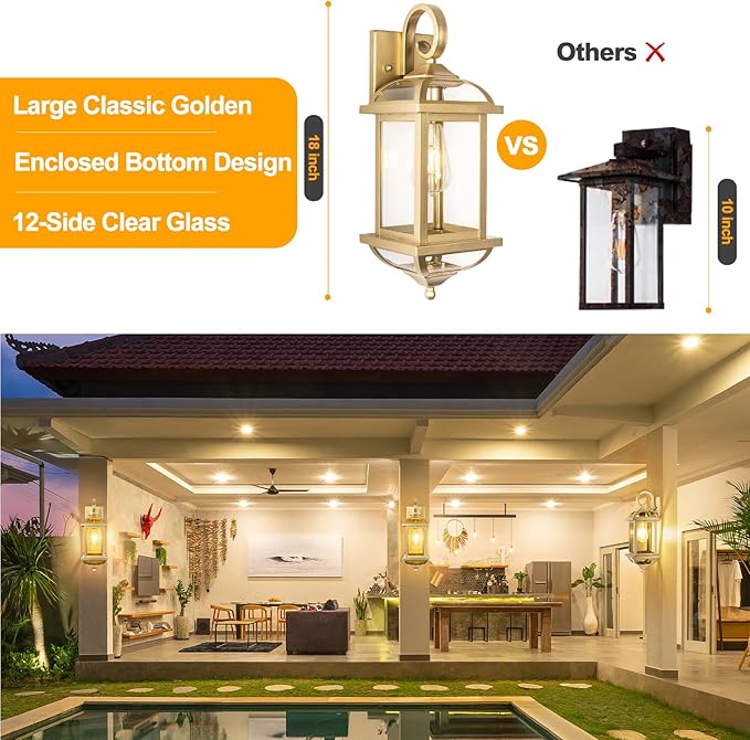 2-Pack 18” Gold Light Fixtures Outdoor Wall Lights Exterior Lanterns, Brass Porch Lights Outside Anti-Rust Aluminum Patio Lights for House Clear Glass Wall Mount Lighting, IP65 Waterproof