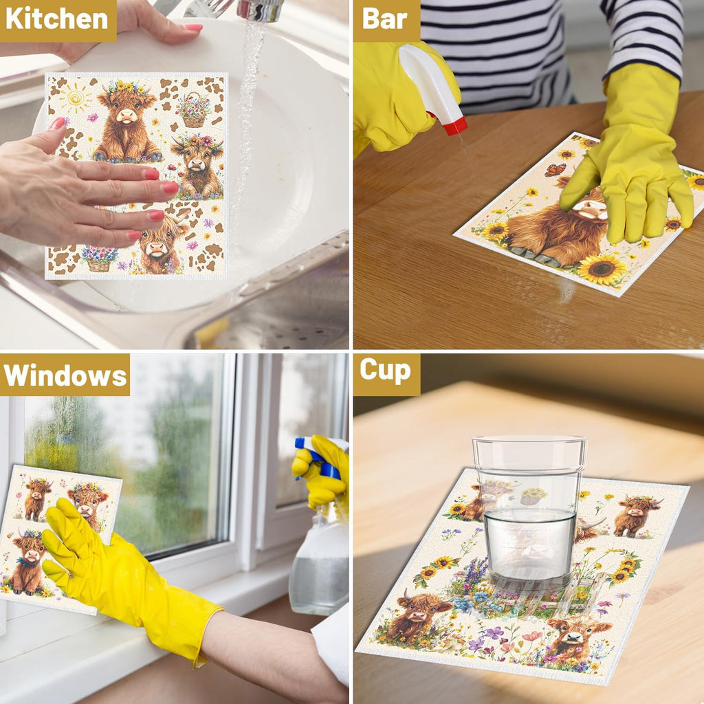 Swedish Dishcloths for Kitchen, 6PCS Floral Highland Cow Swedish Dish Cloths Gift Set, Reusable Washable Absorbent Dish Towel for Home Cleaning