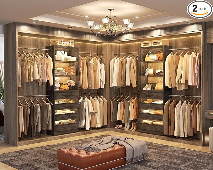 Aheaplus Closet System Set of 2, 4-9Ft Wood Closet Organizer with 8 Drawers & Shelves, Closet Organizer System with 8 Hanging Rods, Walk-in Closets Organizer Wardrobe Closet Rack, Black Oak