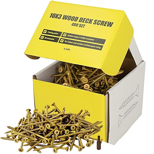 #10 x 3 Wood Screws by Grindy (400pack/6.6LBS) – DIY Deck Screws for Cabinet, Furniture & Other Projects – 1500H Golden Ruspert Treatment – for Indoor & Outdoor Use