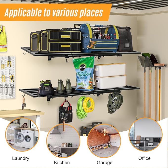 2-Pack 1.6X4 FT Garage Shelving Wall Mounted Holds Up to 800 Lbs Heavy Duty Wall Shelf, Black Metal Floating Adjustable Wall System Shelves for Garage Storage, Shed