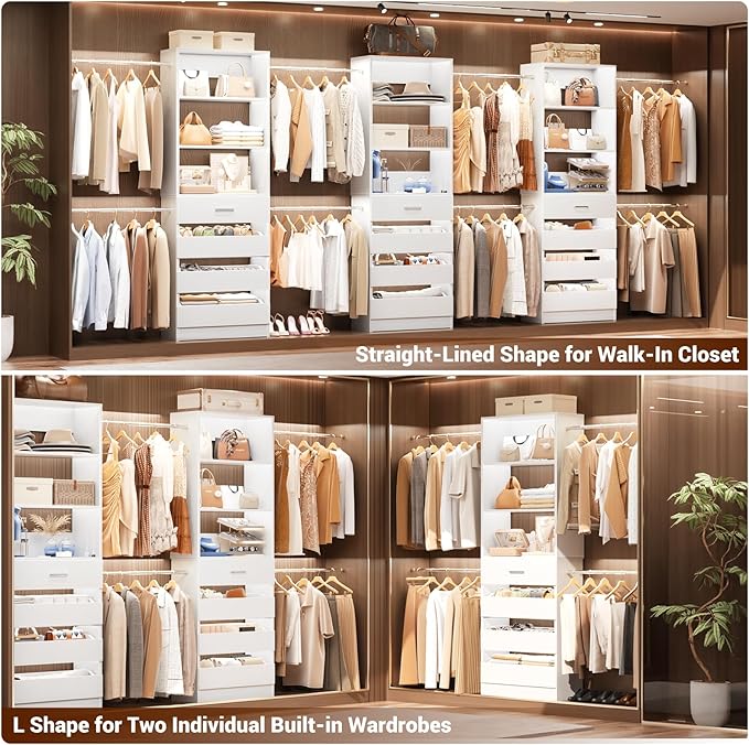 Aheaplus Closet System Set of 2, 4-9Ft Wood Closet Organizer with Drawers & Shelves, Closet Organizer System with 8 Hanging Rods, Walk-in Closets Organizer Wardrobe Closet Rack, White