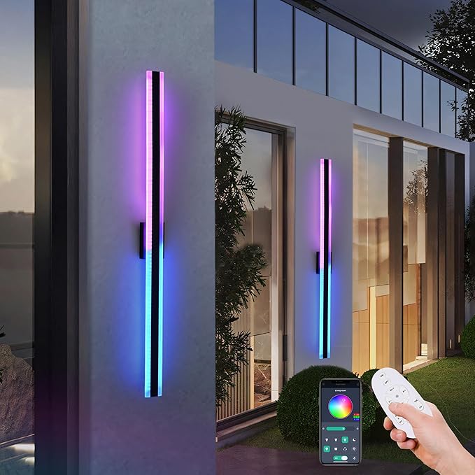 TODOLUZ 2-Pack 48-Inch Outdoor Long Linear RGB Wall Light Fixture, IP65 Waterproof 30W LED Wall Mounted Lamp with Remote Control for Outdoor/Indoor Party Gathering