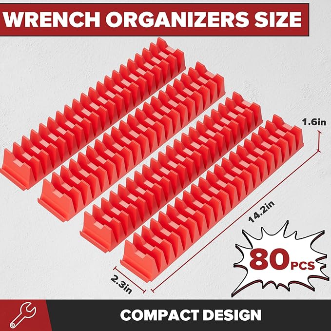 80PCS Modular Wrench Organizer Wrench Holder - Wrench Tool Organizers for Tool Drawer Storage, Wrench Storage Set with Metric & SAE Label, Wrench Rack Tool Gift for Professional Mechanics Men, Red