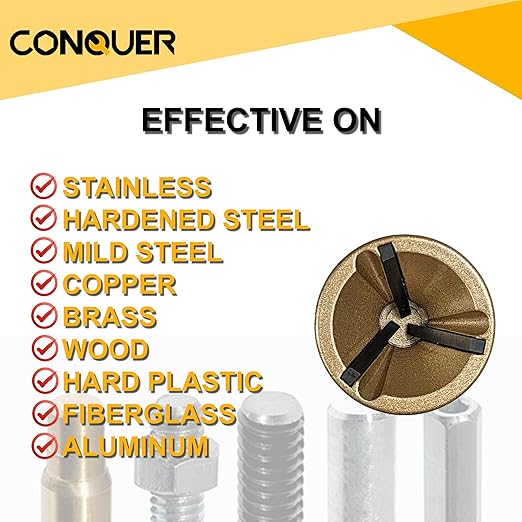 CONQUER Tools Deburring External Chamfer Tool, Premium Tungsten Blade, Deburring Drill Bit, Remove Burr Tools Quick Release Shank Fits for 1/8"-3/4"(3mm-19mm) Stainless Steel Burr Removal, Countersink