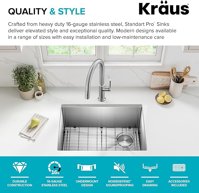 Kraus KHU111-25 Standart PRO 16 Gauge Undermount Single Bowl Stainless Steel Kitchen Sink, 25 Inch