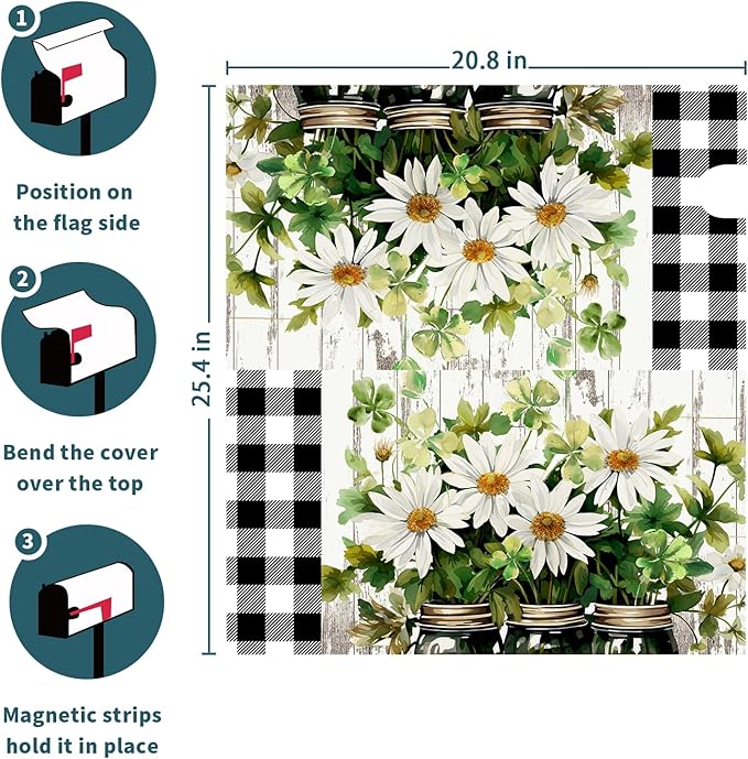 Buffalo Plaid Daisy Magnetic Mailbox Cover - Spring Summer Floral Farmhouse Welcome - Standard Size 25.5 x 21 Inch Waterproof Post Box Wraps for Garden Yard Decor Outdoor
