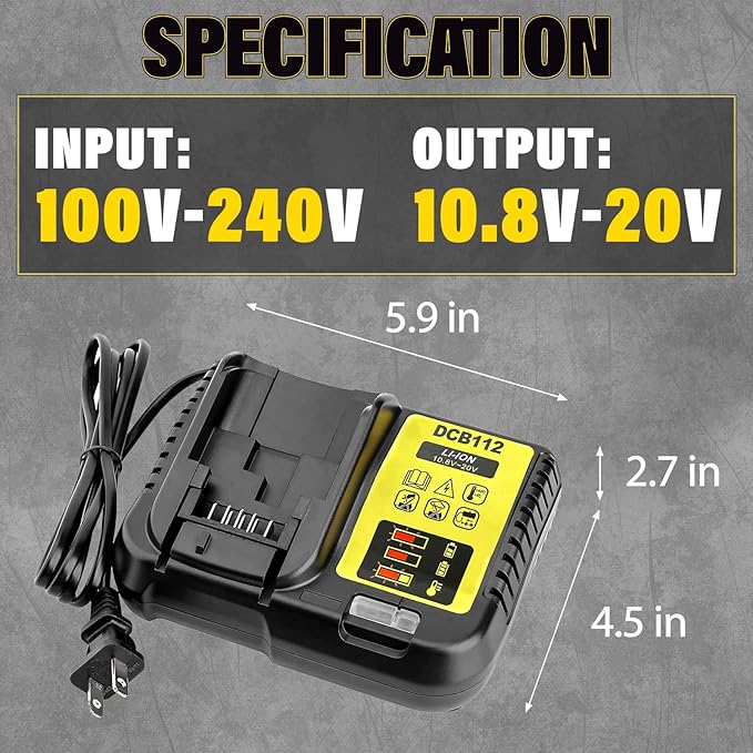 2-Pack 8000mAh High-Capacity Lithium-Ion Battery & Charger Set for DEWALT 20V MAX Battery, Perfectly Compatible with DCB207/DCB204/DCB200/DCB201/DCB203 Series Power Tools, Fast Charging