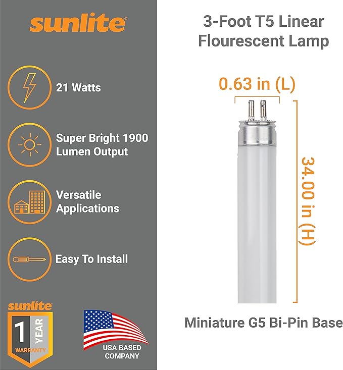 Sunlite 30325 F21T5/841 3 Foot T5 Linear Fluorescent Lamp, 21 Watts, 1900 Lumens, 4100K Cool White, Miniature G5 Bi-Pin Base, ROHS Compliant, High Performance Straight Tube, 40 Pack