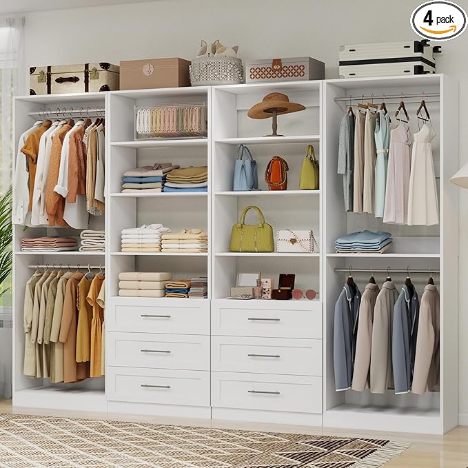 Closet System with 6 Drawers, 8FT Wood Closet Organizer System with 8 Hanging Rods&Adjustable Shevles, 81"Tall Modular Walk In Closet System, Standalone Closet System System, 4Set,White