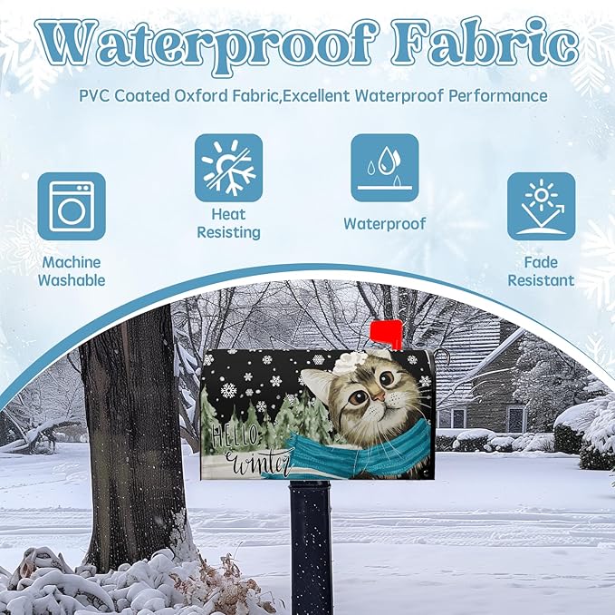 Hello Winter Cat Magnetic Mailbox Covers Large Size 25.5x21 Inch Snowflakes Pine Tree Post Box Mailbox Wraps Cute Cat Cover Oversized Outdoor Decor for Garden Yard