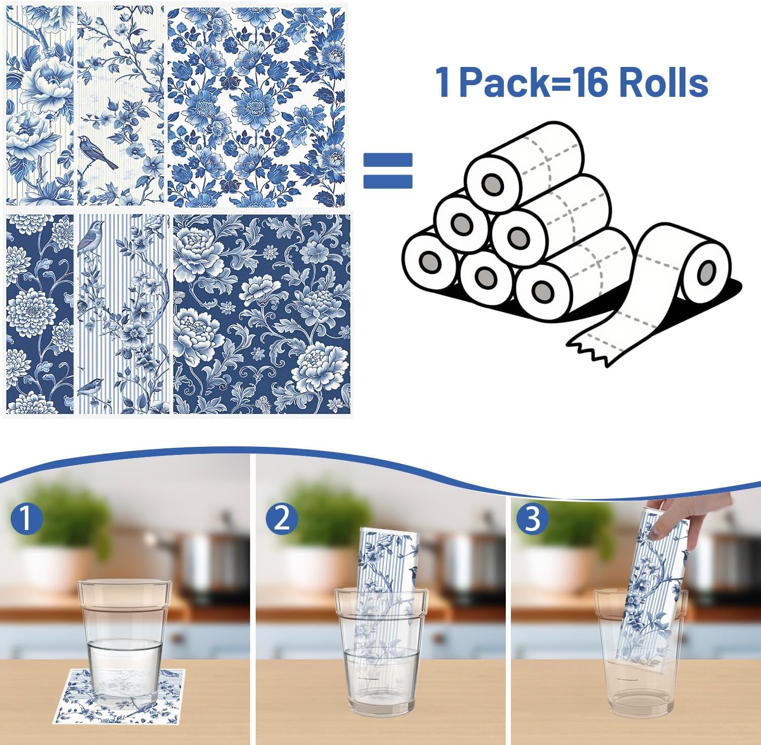 Blue Floral Swedish Dishcloths for Kitchen, 6 Pack Reusable Dish Paper Hand Towels Housewarming Gifts, Absorbent Dish Rags for Home Cooking Cleaning