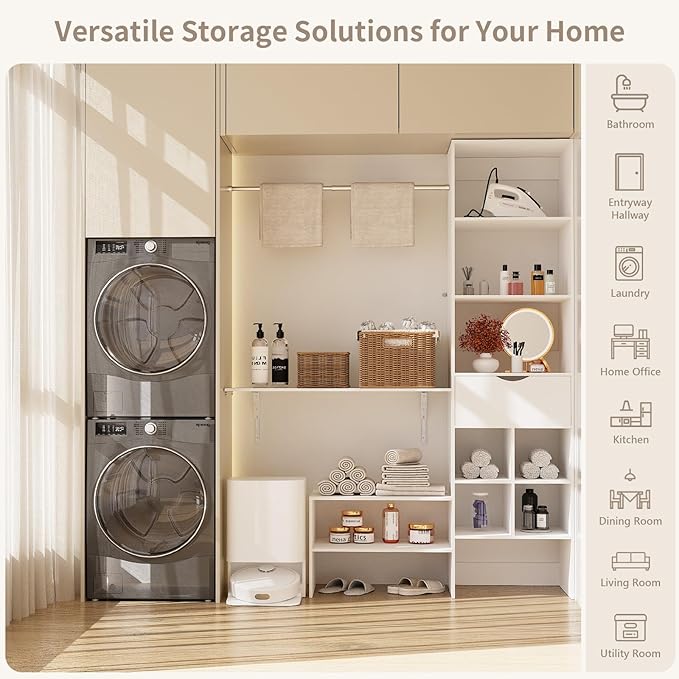 8ft Closet System with Drawers, 99 Inches Walk in Closet Organizer System with 3 Hanging Rods, Adjustable Built in Closets Systems, Sturdy Closets Insert, Easy Assembly, Max Load 1000 Lbs, White