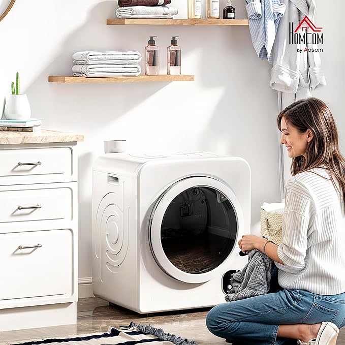 HOMCOM 120V Portable Clothes Dryer, 1300W Compact Front Load Laundry Dryer Machine 3.3 Cu. Ft. with Stainless Steel Tub & 4 Automatic Drying Mode for Apartment, RVs, Dorms, White