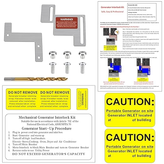 Generator Interlock Kit Compatible with Eaton Cutler Hammer Challenger BR Series 150 and 200 AMP Panel, 1 1/4-1 1/2 Inch Spacing Between Main and Branch Breaker, Interlock Plate.