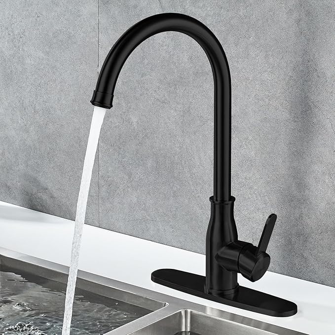 Single Handle Kitchen Faucet Stainless Steel Matte Black, Modern High Arc Kitchen Sink Faucet, Commercial Bar Sink Faucet One Hole with Deck