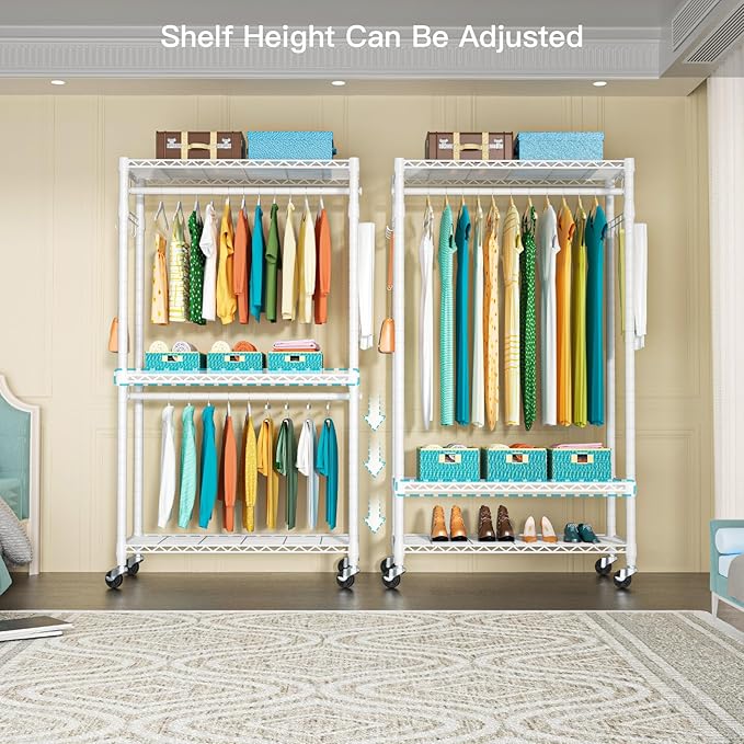 FUTASSI P1 Heavy Duty Garment Rack, 3 Tiers Adjustable Rolling Metal Closet Organizer with Lockable Wheels, FreeStanding Wardrobe with Double Hanger Rods & 1 Pair Hooks, Max Load 450 LBS, White