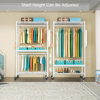 FUTASSI P1 Heavy Duty Garment Rack, 3 Tiers Adjustable Rolling Metal Closet Organizer with Lockable Wheels, FreeStanding Wardrobe with Double Hanger Rods & 1 Pair Hooks, Max Load 450 LBS, White