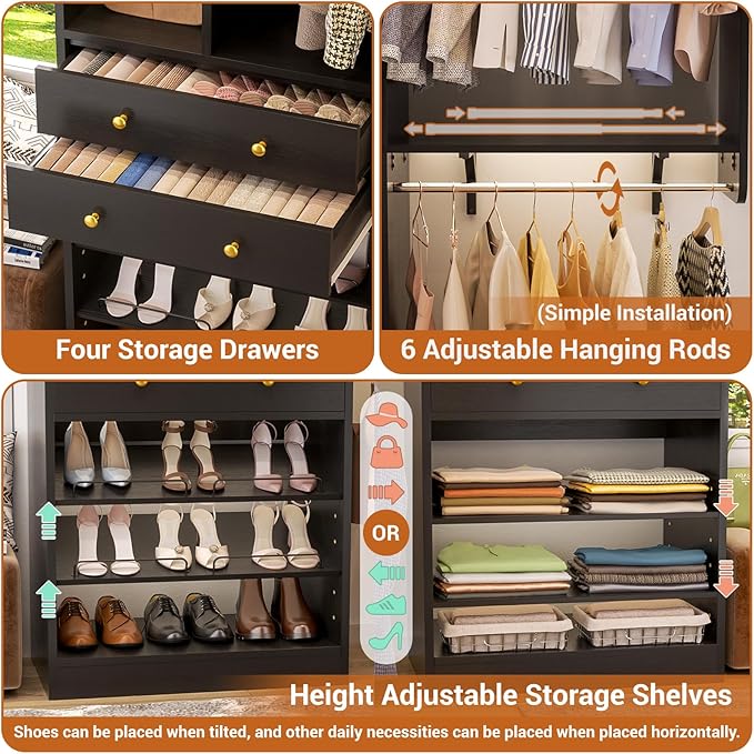Closet System, Up to 128.6"/10.7 FT Closet Organizer with 4 Wooden Drawers and Shelves, Walk-in Closet System with 6 Hanging Rods, Built-in Closet Can Fit 96"/8FT, 120"/10FT, Black