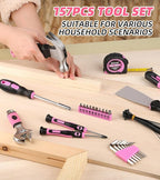 157 Piece Pink Tool Set for Women, Lady's Home Repairing Tool Kit with 13-Inch Wide Mouth Open Storage Tool Bag