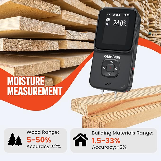 LifeBasis Stud Finder 5 in 1 Wall Scanner for Metal, Wood, Pipe, AC Wires, Measuring Tool for Length, Area, Volume, Stud Beam Detector USB Moisture Meter with Thermal Imager Screen and Alarm- Black