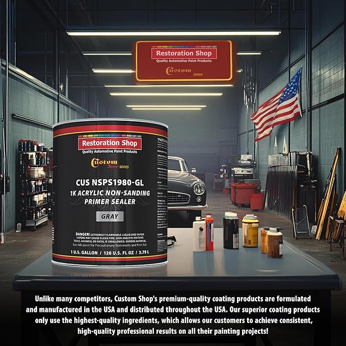 Custom Shop Premium 1K Acrylic Non-Sanding Primer Sealer Paint, Color Gray, 1 Gallon - Fast Drying, Ready-To-Spray, Apply Over Automotive Primer Surfacers, Sanded Finishes - Topcoat Urethane, Enamel