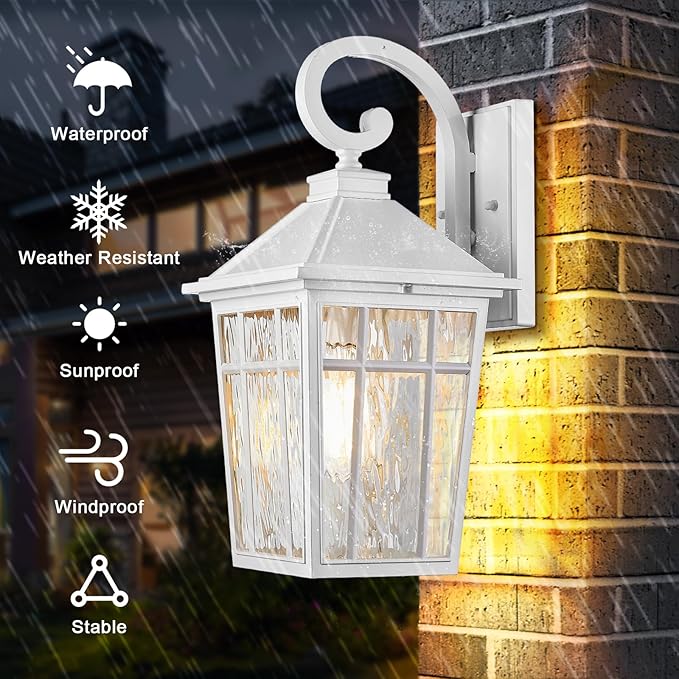 Darkaway 2pcs Large Outdoor Wall Lights for House, 18inch Exterior Lighting Fixtures Wall Mount White Outside Wall Sconce with Water Ripple Glass for Porch Patio Front Door